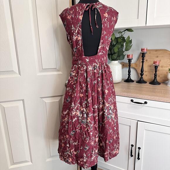 ROXY Maroon Floral Midi Milkmaid Dress Women’s Size Small S Y2K 90’s Open Back - Picture 2 of 13